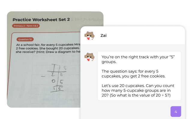 A Zairoo practice worksheet with step-by-step guidance from Zai, the AI tutor